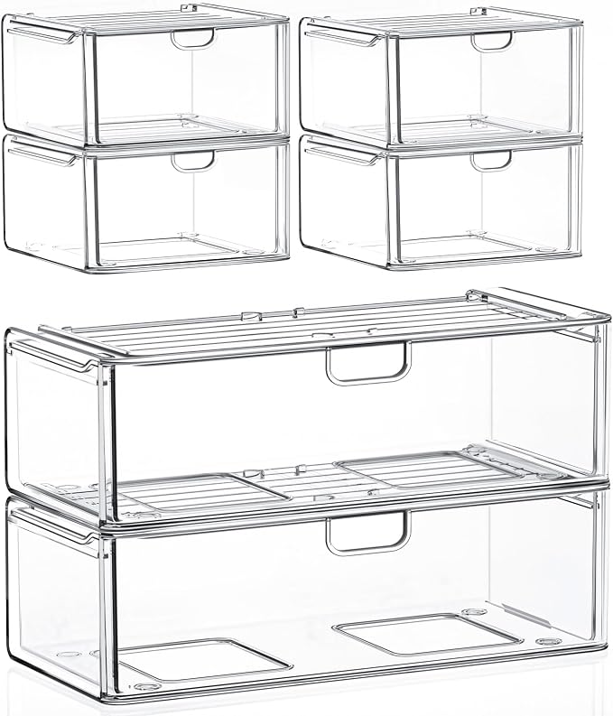 caktraie Acrylic Stackable Storage Drawers Set of 6, Clear Plastic Storage Drawer Organzier, Storage Organizer, Makeup Organizer,Ideal for Vanity, Bathroom,Cabinet,Pantry Organization