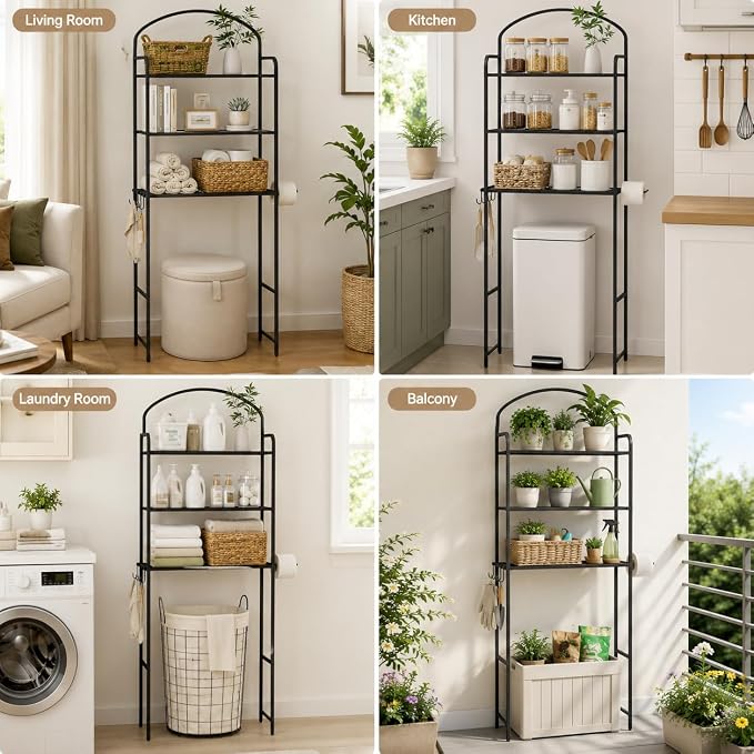 Over The Toilet Storage Rack - 3 Tier Bathroom Organizer with 4 Hooks & Paper Holder - Space Saving Metal Shelf for Bathroom - Black Toilet Storage