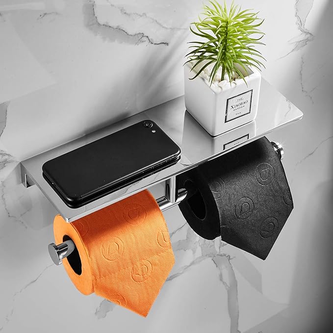 Double Toilet Roll Paper Holder Bathroom Solid Brass and Superior Hotel Style Wall Mount Tissue Roll Holder with Storage Shelf Bright Chrome Finished