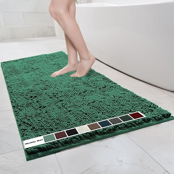 Muddy Mat® | Chenille Bathroom Rugs Quick Dry Microfiber Mats Non Slip Washable, Extra Thick, Soft and Highly Absorbent Bath Mats for Bathroom, Kitchen, and Shower Floor - Dark Green 36"x60"
