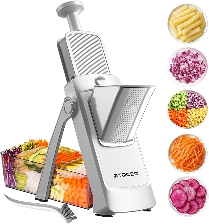 [All in 1] Vegetable Slicer with Adjustable Thickness, Easy to Clean Potato Mandoline Slicer with Container, Rapid Prep Veggie Cutter/Onion Slicer, Free Grater/Cleaning Brush (SliverGray)