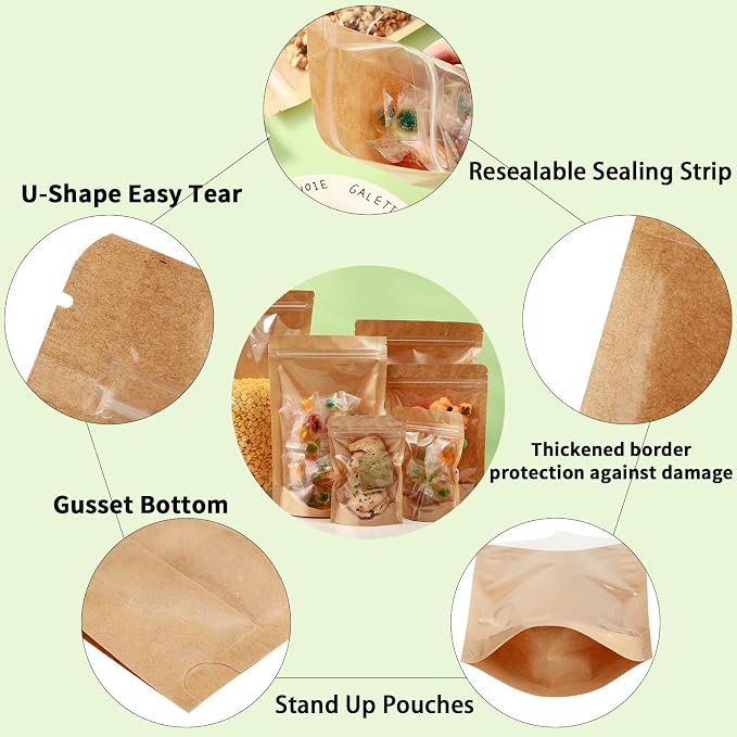 200 Pack Kraft Paper Bags with Clear Window 4x6 Reclosable Small Stand Up Mylar Bags for Food Storage Resealable Smell Proof Pouch, Edible Packaging, Reusable bags for Small Business