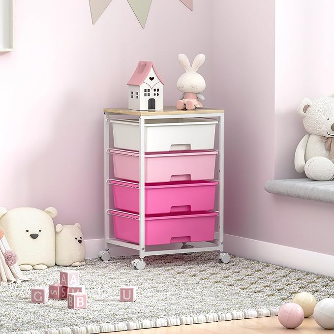 SYKIARIOL Utility-Rolling-Craft-Storage-Cart-Organizer with 4 Drawers and Wooden Tabletop, 4 Tier Drawer Cart for Home Office, Kid Room, Classroom Teacher, Dorm, Pink