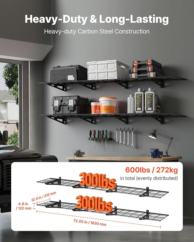 VEVOR 2-Pack Heavy Duty Garage Wall Shelving, 1 x 6 ft Steel Wall Mounted Shelving Unit, 12 x 72 Inch Per Shelf Floating Storage Metal Rack for Garage with 600 lbs Total Weight Capacity