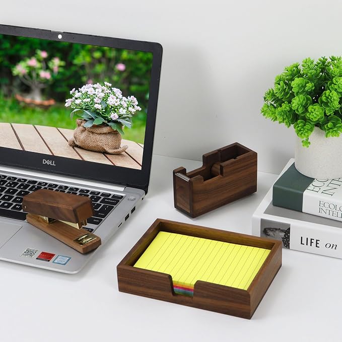 MultiBey 5-Piece Walnut Desk Set, Wood Stapler and Tape Dispenser, 4x6 Wooden Sticky Note Holder, 1000 Pcs Rose Gold Staples & Tape | Elegant Wood Desk Accessories for Office Home School
