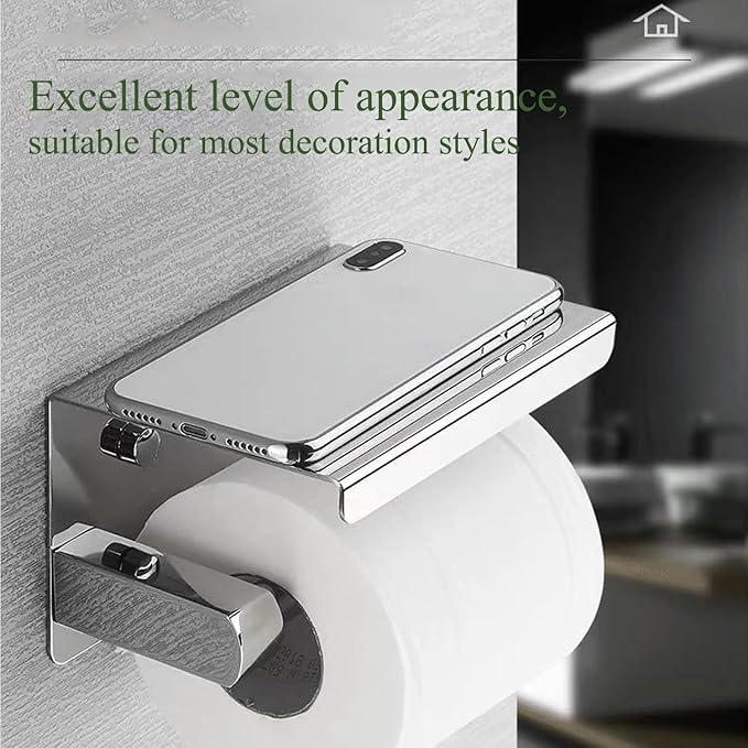 Toilet Paper Holder with Phone Shelf Stainless Steel Bathroom Tissue Roll Holder Wall Mounted Toilet Paper Roll Storage Polished Chrome Finished
