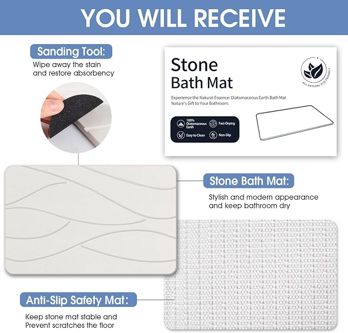 Veeloim Stone Bath Mat Diatomaceous Earth Shower Mat Non-Slip Super Absorbent Diatomite Stone Bath Mats for Bathroom Floor Quick Drying Natural Easy to Clean(23.6''×15.4" White)