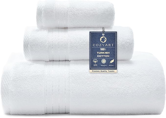 COZYART Luxury Bath Towel Set 3 PCS, White 100% Turkish Cotton 650 GSM | OEKO-Tex 100 Certified Zero Twist Ring Spun, Soft Absorbent Quick Dry, Plush Fluffy, Breathable Hotel Quality for Daily Use