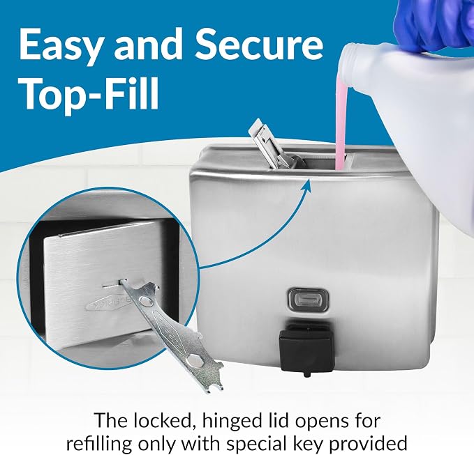 Bobrick Wall-Mounted Liquid Soap Dispenser, Satin-Finish Stainless Steel, 40 fl-oz Capacity, Vandal-Resistant Design with Refill Indicator Window, Top Fill Commercial Bathroom Accessory (Model B-4112)