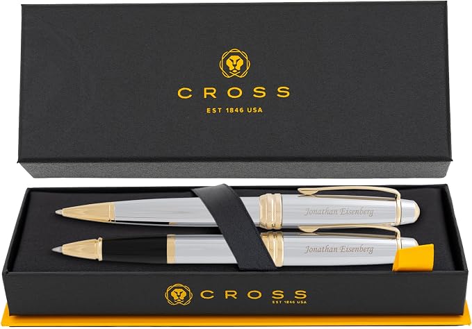 Cross Bailey Medalist Engraved Rollerball and Ballpoint Pen Set, Chrome with 23K Gold Trim, Personalized Gift for Graduation, Retirement, Career Advancement, Executives, Cross Gift Box Included