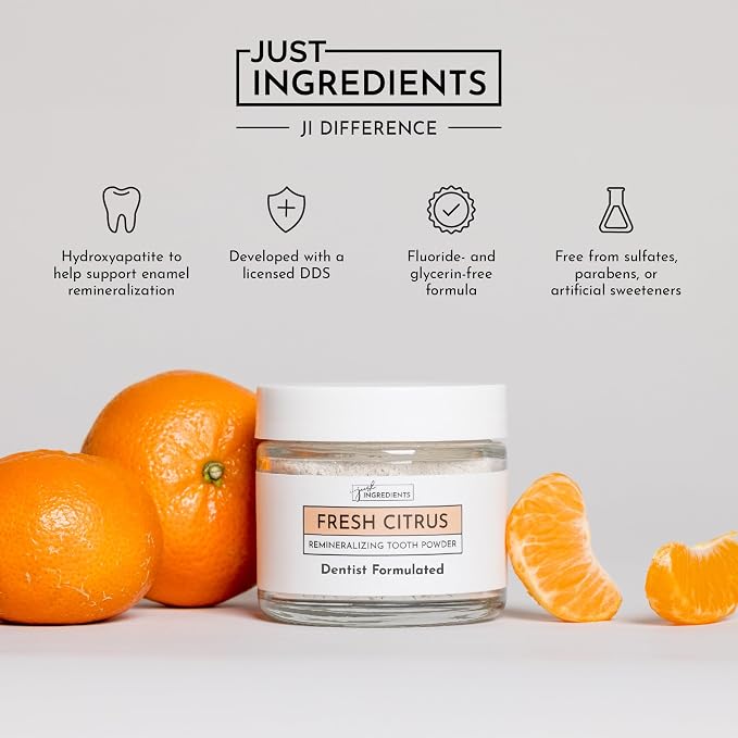 JUST INGREDIENTS Remineralizing Tooth Powder Citrus - Fluoride-Free - 1 oz | Mineral Oral Care, Calcium Carbonate, Bentonite Clay, Plaque Control, Enamel Support, Vegan, Non-GMO, Spout Bottle, Adult Use