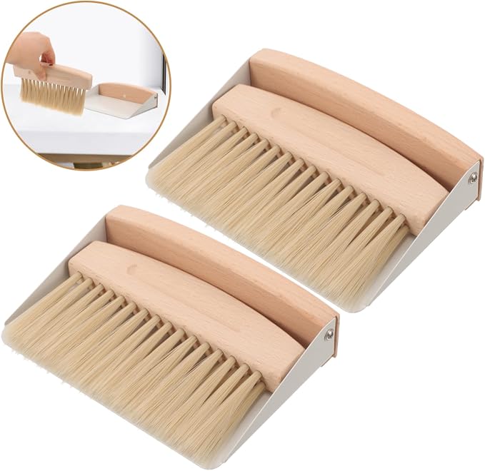 2 Sets Mini Broom Dustpan,Whisk Broom and Dustpan Set Wood Keyboard Brush for Cat Litter, Kitchen,Table,Cars(White Shovel Nylon)