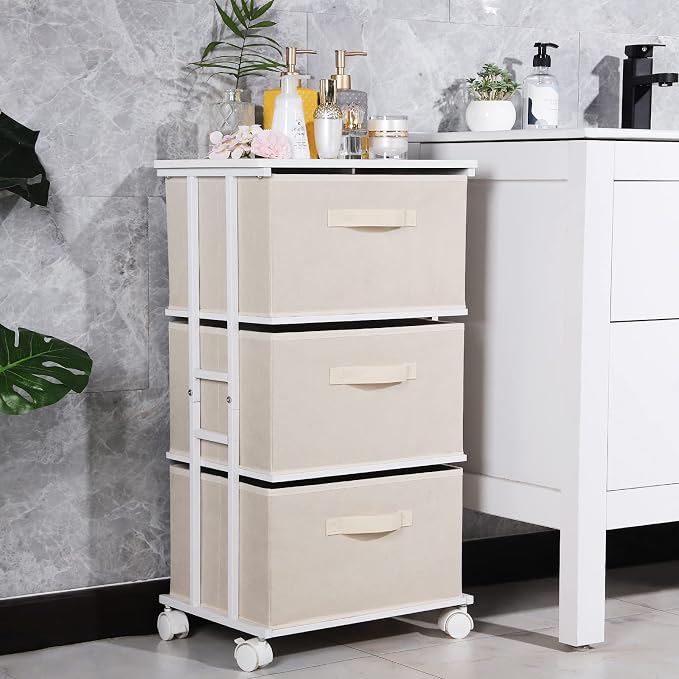 MAX Houser Dresser Tower with 3 Drawers for Bedroom, Fabric Storage Organizer Unit, Chest of Drawers with with WoodTop, Small Vertical Storage for Guest Room, Closet, Entryway(Beige) | Fabric Storage Organizer Unit, Chest of Drawers with with WoodTop, ...