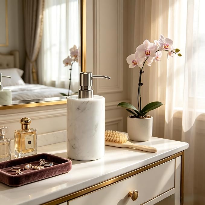 Marble Soap Dispenser Natural Organic Soap Pump with Metal Push Pump, Elegant Round Hand Lotion Jar, Premium Heavy Duty Pump Bottle, Lotion Jar for Kitchen, Bathroom, Laundry Room (White)