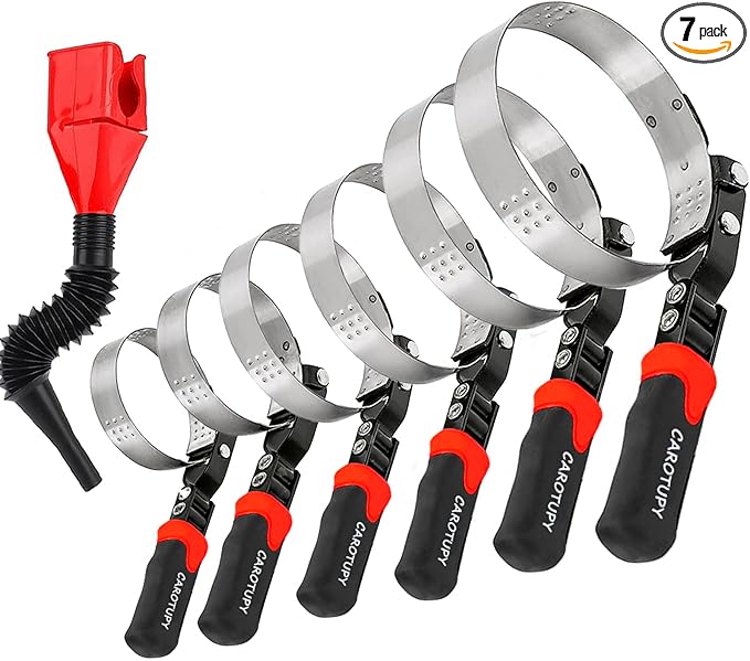 7pcs Oil Filter Wrench Set, Stainless Steel Adjustable Oil Filter Removal Tool Set 2-1/16"-5-1/4", Oil Wrench Tool Set with Oil Funnel for Automotive Oil Change
