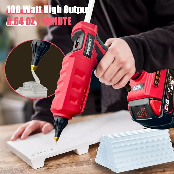 MONVICT Cordless Glue Gun for Milwaukee 18V Battery with 50 Glue Sticks | 100W Upgraded Digital Temperature Adjustable Handheld Electric Power Full Size Heavy Duty Glue Gun (Battery NOT included)