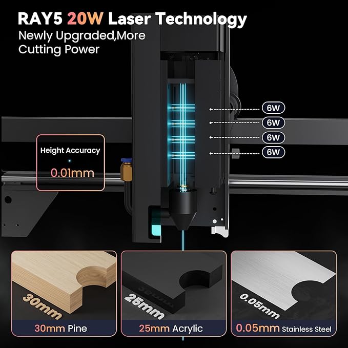 Longer RAY5 20000mW Laser Engraver with Air Pump, 3.5” Color Touch Screen, App Offline Control, DIY Engraver Tool for Metal/Glass/Wood Engraving Area 15.75"x14.37"，Laser Class 4