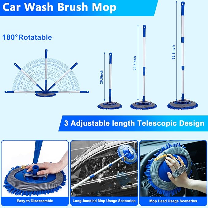 THINKWORK Car Wash Kit, Car Detailing Kit with Foam Gun, Car Wash Brush Mop and Large Folding Bucket Suitable for Car Cleaning, Blue Car Wash Set Gift for Men and Women