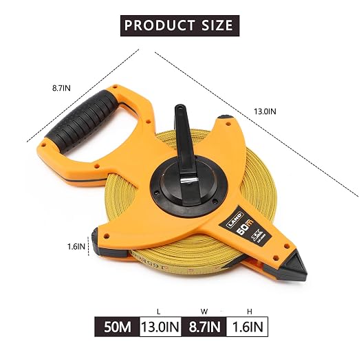 LAND 165FT/50M Heavy Duty Fiberglass Tape Measure - 1/2-Inch Wide, Dual Inch/Metric Scale, Durable Open Reel Measuring Tape for Surveying, Engineering, Runway Construction