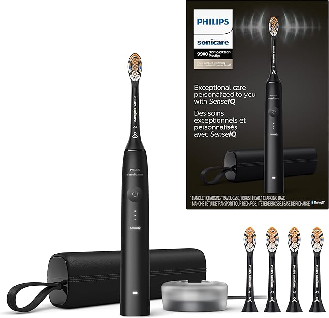 Philips Sonicare DiamondClean 9900 Prestige Electric Toothbrush - with SenseIQ Technology and Advanced AI App, 5 Brushing Modes, 3 Intensity Levels, Charging Travel Case, Quartz Black, Model BD7001AZ
