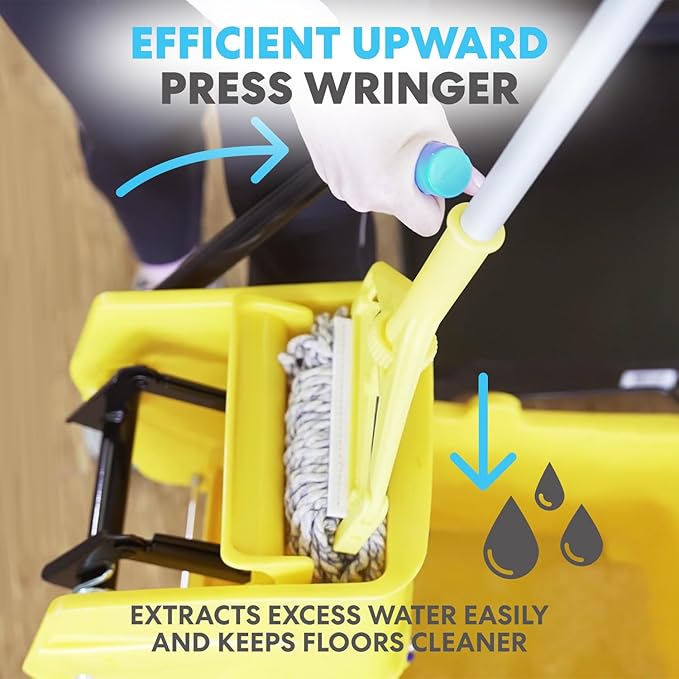 Simpli-Magic Side Press Wringer Combo Commercial Mop Bucket on Wheels, 35 Quart,Yellow, Including Wet Floor Caution Sign and Set, Polyethylene