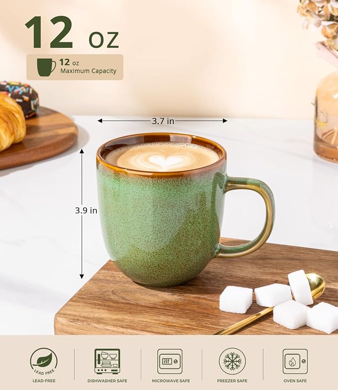 LERATIO Ceramic Coffee Mugs Set of 6,12oz Handmade Coffee Mugs Set | Large Handle for Cappuccino/Latte/Tea/Hot Cocoa,Oven &Dishwasher & Microwave Safe-Sage Meadow Green