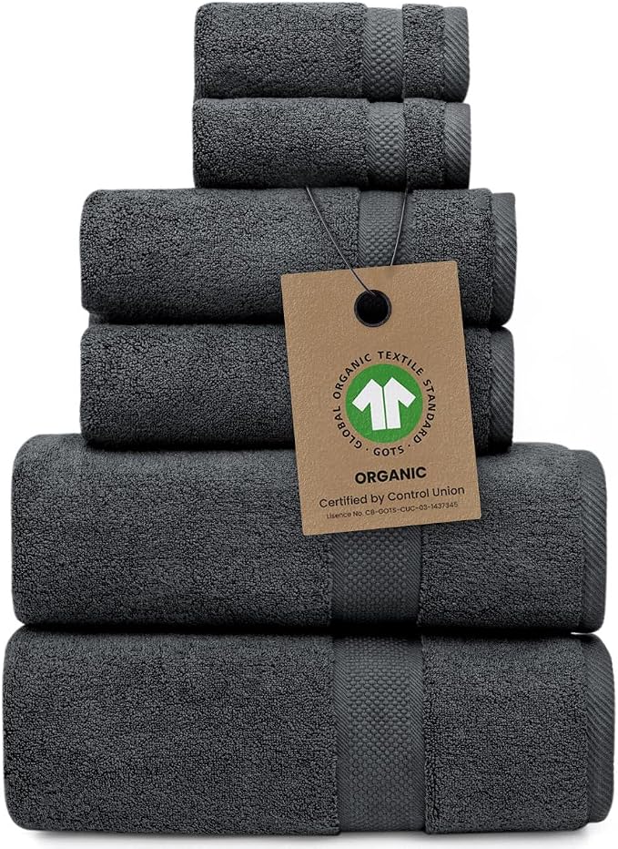 Alusa Home 100% Organic Zero-Twist Cotton Towels - GOTS Certified Luxury Bath Towels - Ultra Soft & Plush 700GSM Long-Staple Cotton - 6 Piece Towel Set (Granite Grey)