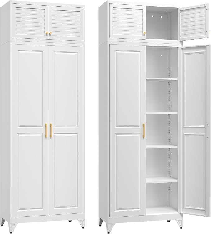SteeLoong 90”Metal Pantry Storage Cabinet with Doors & 4 Adjustable Shelves | Kitchen Pantry Cabinet,White Kitchen Cabinet with 4 Gold Handles,Tall Cabinet for Livingroom,Pantry, Bathroom,Kitchen,Garage