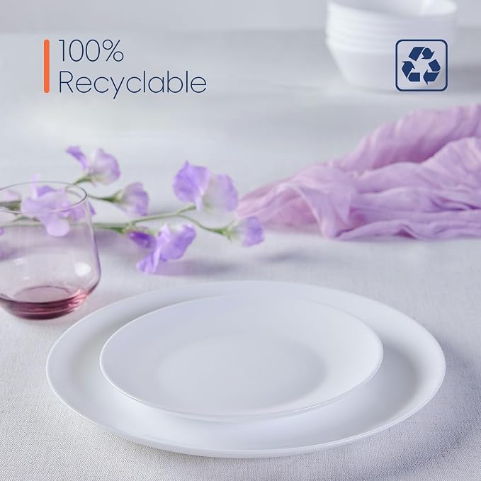 Dinnerware Sets for 6, 18 Piece White Opal Glass Dish Set | Plates and bowls with dishwasher and microwave safe features, chip and scratch resistant dishware for family meals
