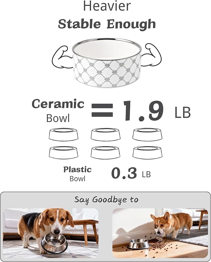 TRUVIC Ceramic Dog Bowl Set of 2 with Wood Stand, Silver Claw Pattern Dog Food and Water Bowl Set, 3.5 Cup/28 oz Puppy Food Bowls for Medium Dogs, Dishwasher Safe