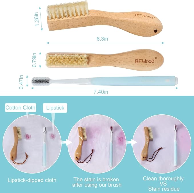 BFWood Laundry Stain Brush, Natural Soft Boar Bristle for Scrubbing Out Tough Stains on Delicate Fabrics, Knits, Cotton, Linens, No Damage