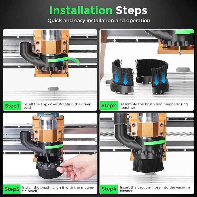 CNC Dust Shoe for 65mm & 69mm Spindles, Dual Brush, 1.5in Port | Improves CNC dust collection with 65/69mm spindle fit, dual brush sealing, magnetic access and quick-lock installation.