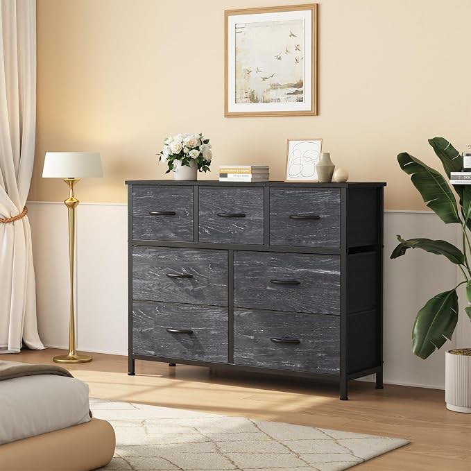 Sweetcrispy 7 Drawer Dresser, Fabric Storage Tower Organizer for Bedroom, Closet, Hallway, Entryway, Tall Chest of Drawers with Steel Frame, Wood Top, Large Storage, Black Wood Grain