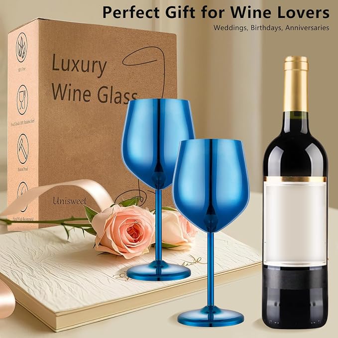 UNISWEET Unbreakable Stainless Steel Wine Glasses Set of 4, Blue | 17oz Unique Fancy Metal Wine Goblets, Shatterproof, Ideal for Outdoor, Camping, Travel, Pool, Great Gift for Wine Lovers