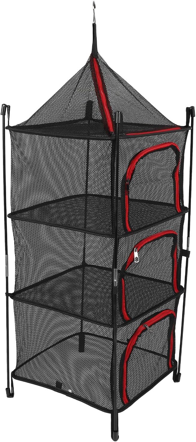 SIXRUN 4 Layer Hanging Mesh Drying Rack, Foldable Clothes Drying Net with Thickened Mesh Fabric for Camping Travel Home Storage (Red)