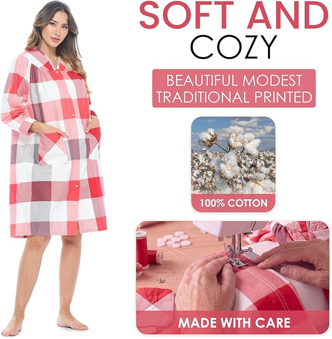 Casual Nights Women's Floral Snap Front Flannel Duster Long Sleeve Lounger Dress