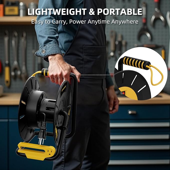 Extension Cord Storage Reel with 4-Grounded Outlets & 2 USB Ports, Heavy Duty Open Cord Reel for 12/3,14/3,16/3 Gauge Power Cord, Hand Wind Retractable, 15A Circuit Breaker, ETL Listed, Yellow