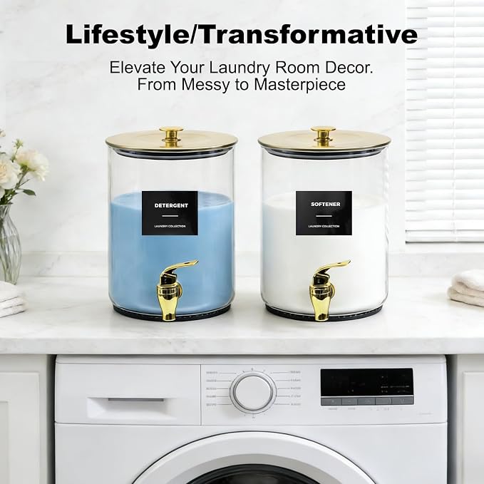 Glass Laundry Detergent Dispenser for Laundry Room Organization-Gold | 1 Gallon Large Liquid Soap Dispenser with Black Metal Lid & Leak-Proof Spigot, 1 Measured Cups, 1 Silicone Mats & 9 Labels