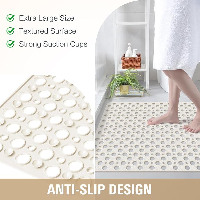 OTHWAY Large Shower Mat, 35"x 24" TPE Anti Slip Shower Mat, Heavy Bath Mats for Shower with Drain Holes Suction Cups, Shower Stall Mat for Bathroom, No Odor Shower Grip Mat for Elderly (W-White)