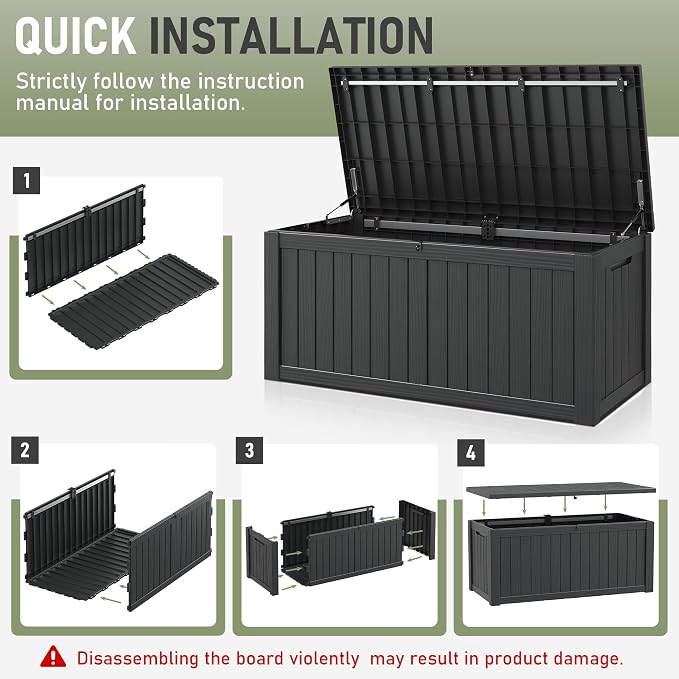 Outdoor Storage Box, 155 Gallon Large Outdoor Resin Deck Box, Storage Waterproof Boxes Lockable Lid for Garden Tools, Pool Supplies, Patio Furniture and Cushions, Black