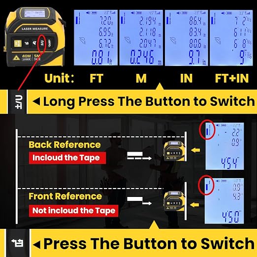 4-in-1 Laser Tape Measure with Level and Crosshairs, 16FT AutoLock Measuring Tape and 130FT Laser Measurement Tool with Large LCD Display, Area, Volume, Pythagorean, Cosine