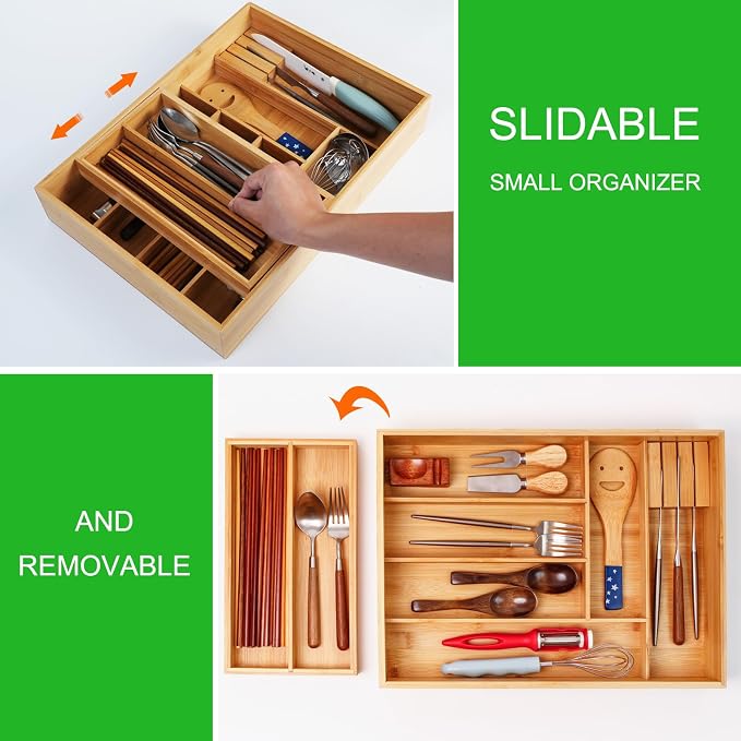 COIWAI Double Layer Bamboo Drawer Organizer Cutlery Utensil Silverware Drawer Organizer, cutlery Silverware Tray for Drawer, Utensil Holder Drawer Dividers for Flatware (L: 16.85 × 12.2 in)