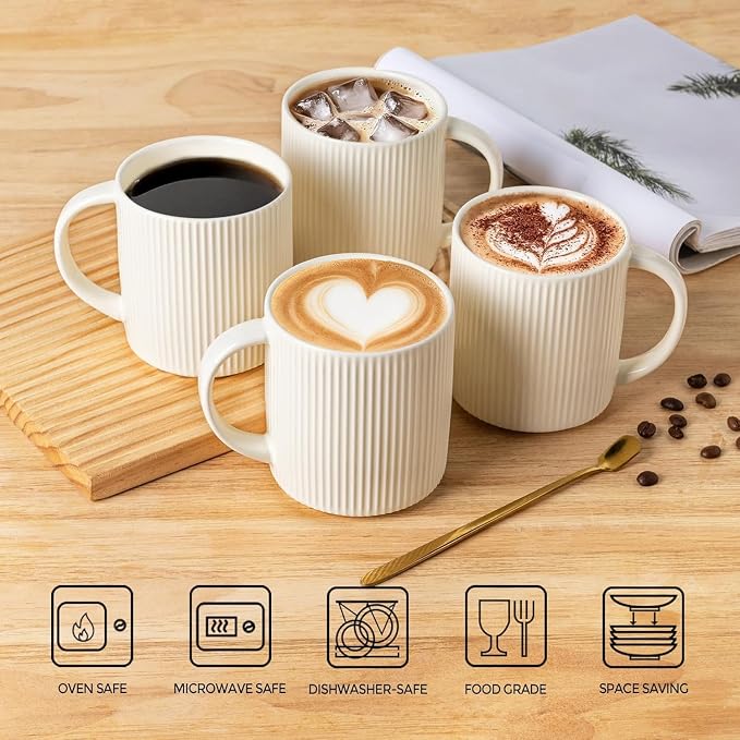 theterra Ceramic Coffee Mugs Set of 4, 14.2oz Handmade Coffee Cups with Handle for Latte, Tea, Milk, Beer, Hot Cocoa, Beige