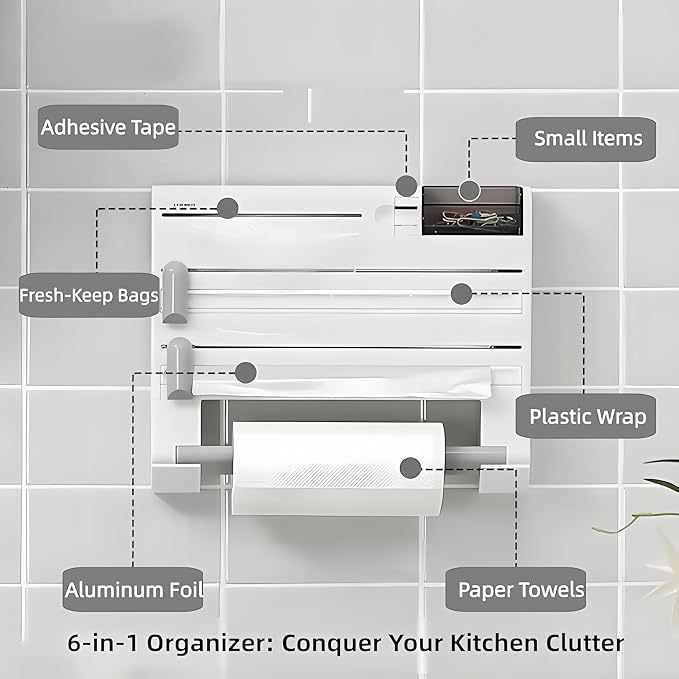 6-in-1 Wall Mounted Plastic Wrap&Foil Dispenser with Cutter–PP Kitchen Organizer w/Paper Towel, Tape, Bag&Small Tray, No Drill/Screw Mount White-Aluminum Foil Rack Organizer&Organizer Foil Cling Wrap