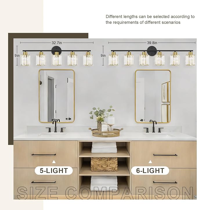 Crystal Bathroom Light Fixtures, Bathroom Lighting Fixtures Over Mirror, Modern Black Gold 5-Light Vanity Lights for Mirror,Restroom, Bedroom (Ceramic E26 Socket,Bulbs Not Include)