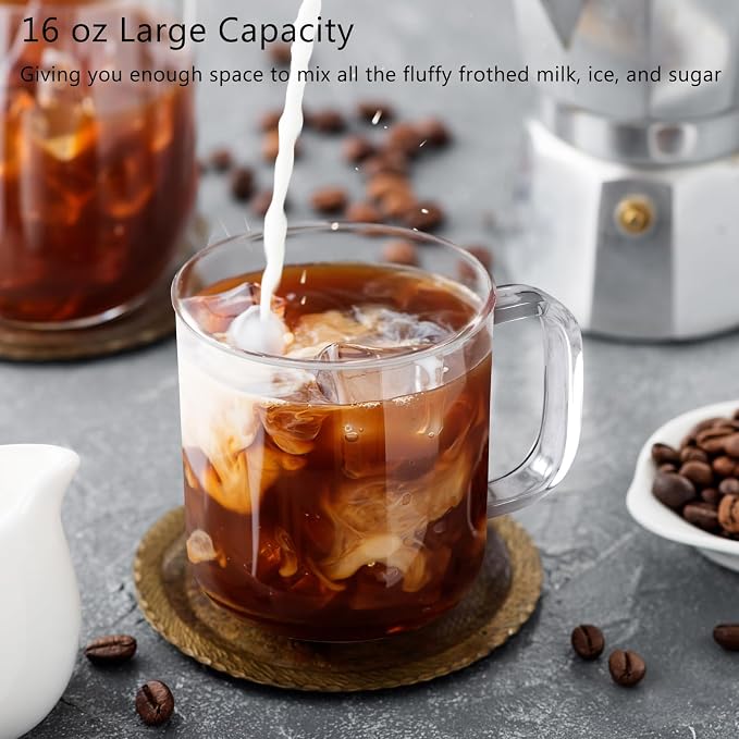Glass Coffee Mugs, 16 oz Ice coffee cups, Large Clear Tea Cups Set of 2, Glass Mugs with Handles, Glass Cups for Latte, Cappuccino, and Tea