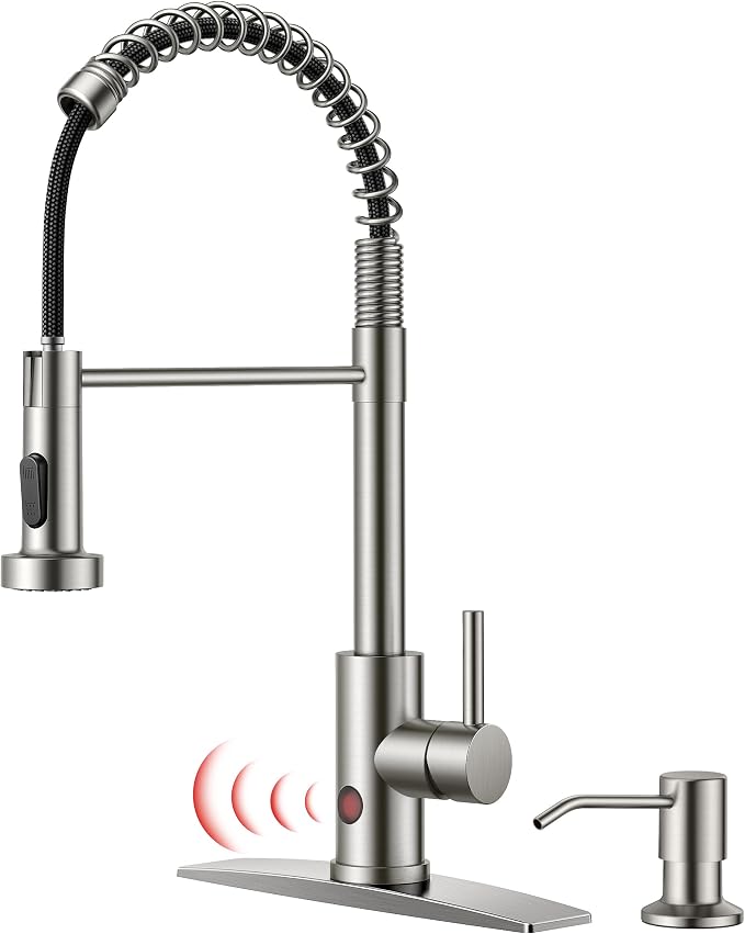FORIOUS Touchless Kitchen Faucet with Soap Dispenser, Brushed Nickel | Single Handle Stainless Steel, Smart Hands-Free Sink Faucet with Pull Down Sprayer for Camper Rv Bar, Motion Sensor Activated