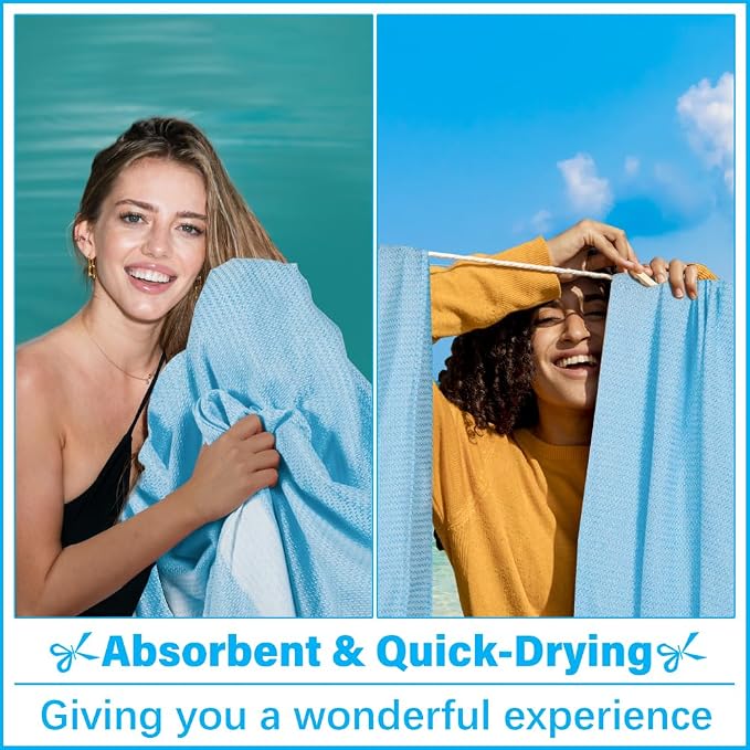 Vikumond Turkish Beach Towel Blanket Oversized 88x82 Inch Quick Dry SkyBlue | Lightweight Compact Portable Sand Free Absorbent Boho Woven Throw for Pool Swimming Picnic Camping Cruise Outdoor Essentials