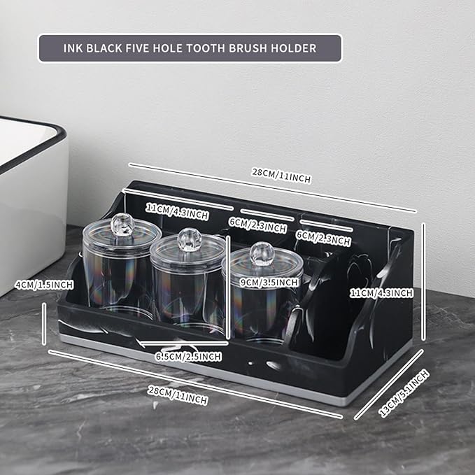 Bathroom Counter Organizer Toothbrush Holder Durability Home Use 5 Compartments Resin with 3 Qtip Holder Toothbrush Organizer (Black)