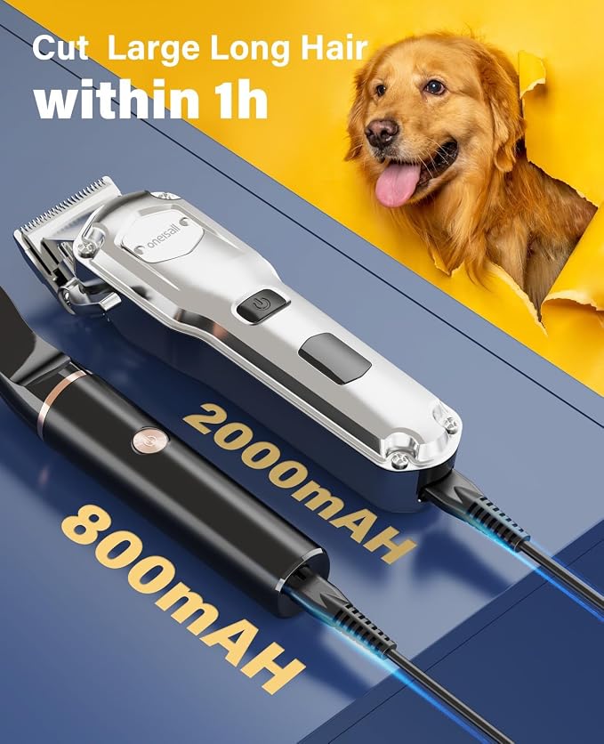 oneisall Dog Grooming Kit for Thick/Matted Hair with Stainless Steel Blade | Powerful Motor, Dog Clippers+Paw Trimmers, IPX7 Waterproof, Low Noise, Cordless & Long Battery Life
